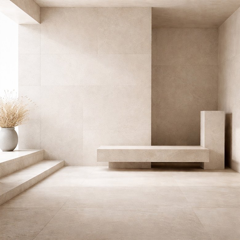 Minimal stone architectural interior with soft natural light, representing calm structure and intentional space for the MK Kreativs contact page.