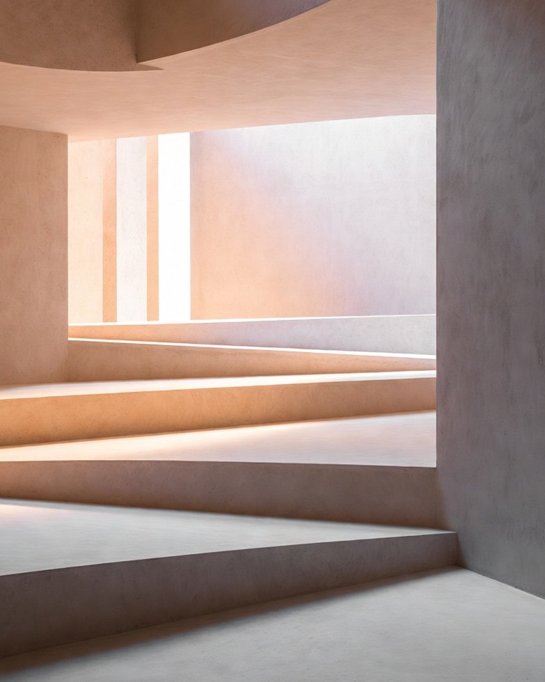 Architectural corridor with steps representing the MK Kreativs structured brand growth method