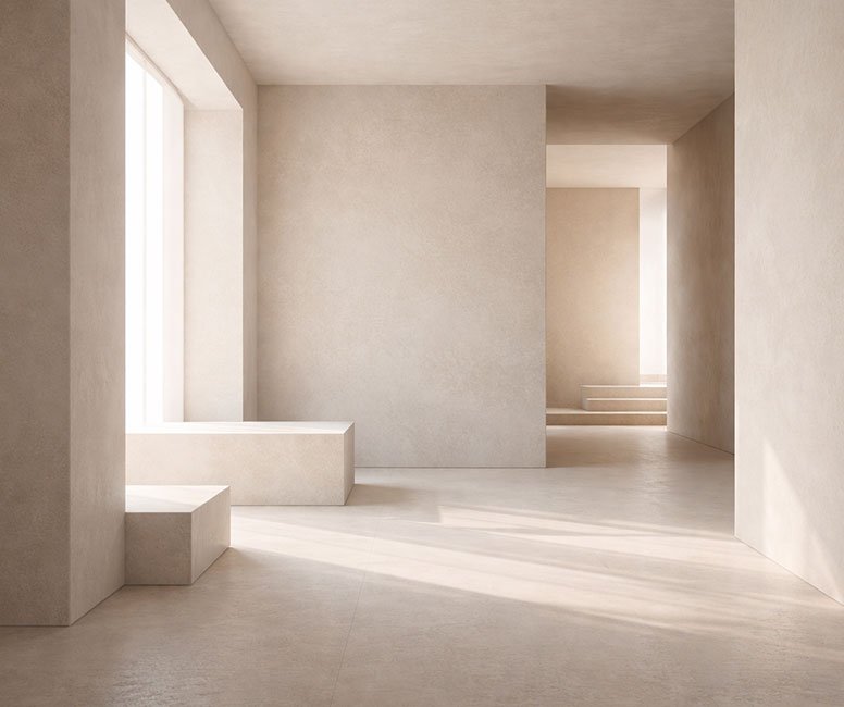 Minimal architectural interior representing MK Kreativs’ strategic brand methodology and calm design presence