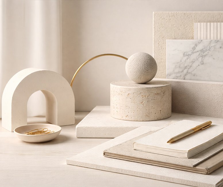 Editorial workspace with neutral materials and architectural forms representing structured brand growth